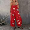 Summer Women Jumpsuit Adjustable Spaghetti Strap Backless Sleeveless Wide Leg Loose Floral Print Deep Crotch Side Pockets Pleated Vacation