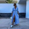 Fashion Sexy V-neck Denim Dress Women's Single Breasted Half Sleeved A-line Dress Solid Color Commute Minimalist Dresses Spring and Summer New