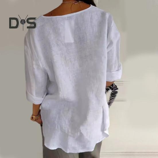 Women Shirt V-Neck Button Decor 3/4 Sleeve Pullover Tops Loose Fit Basic Neckline Solid Color Summer Shirt Tops