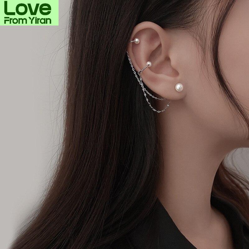 1 Pcs 925 Sterling Silver Pearl Tassel Round Bead Stud Earrings For Women Wedding Female Pendientes Eh774