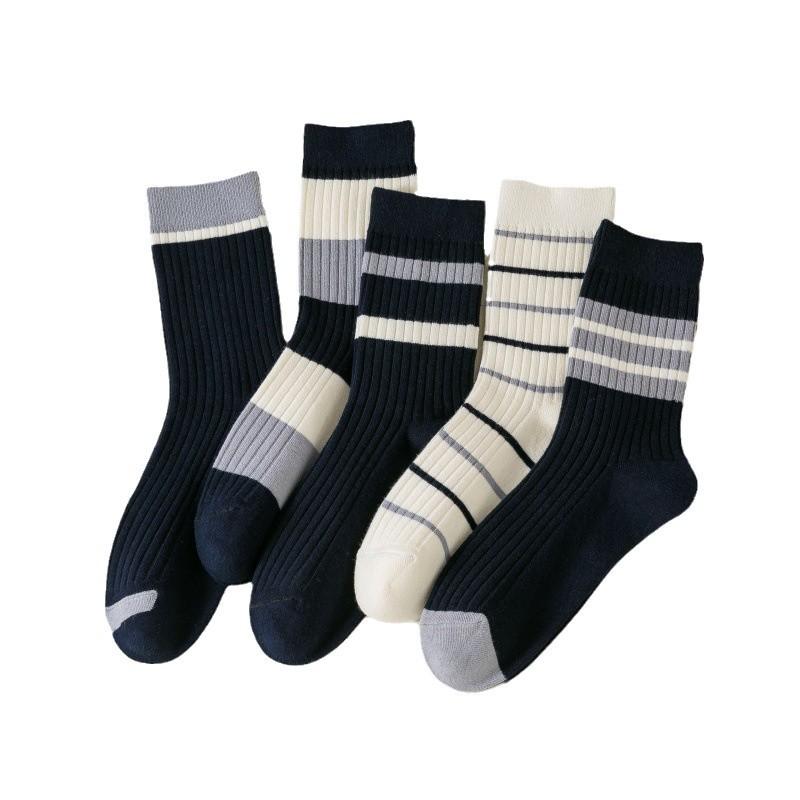 Socks Men'S Double Needle Medium Tube Socks Thickened Warm Versatile Cotton Socks Trend Striped Stockings