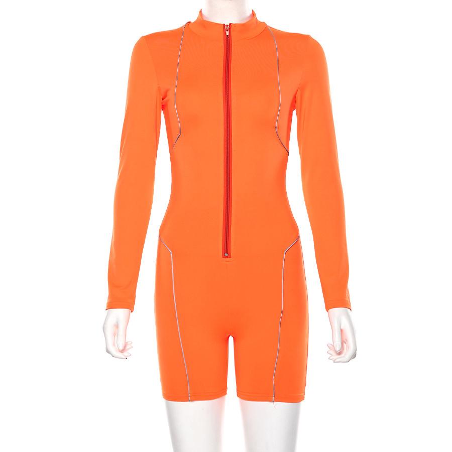 SCIONE Women Playsuit Full Sleeve Zipper Fly Reflective Striped Patchwork Rompers Skinny Bodysuits