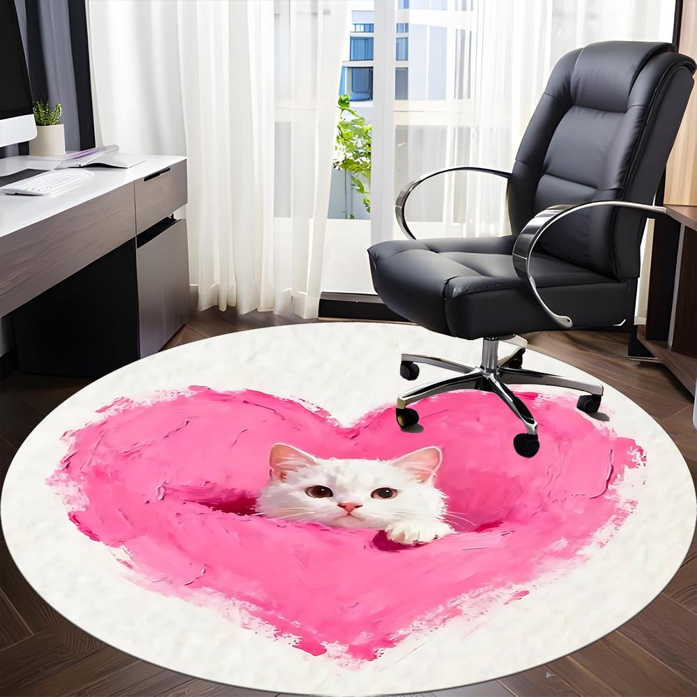 1PC Heart Cat Office Round Area Rug,  Mat Suitable ForOffice, Under Office Chairs Bedroom Living Room Home Decor, Room Deco