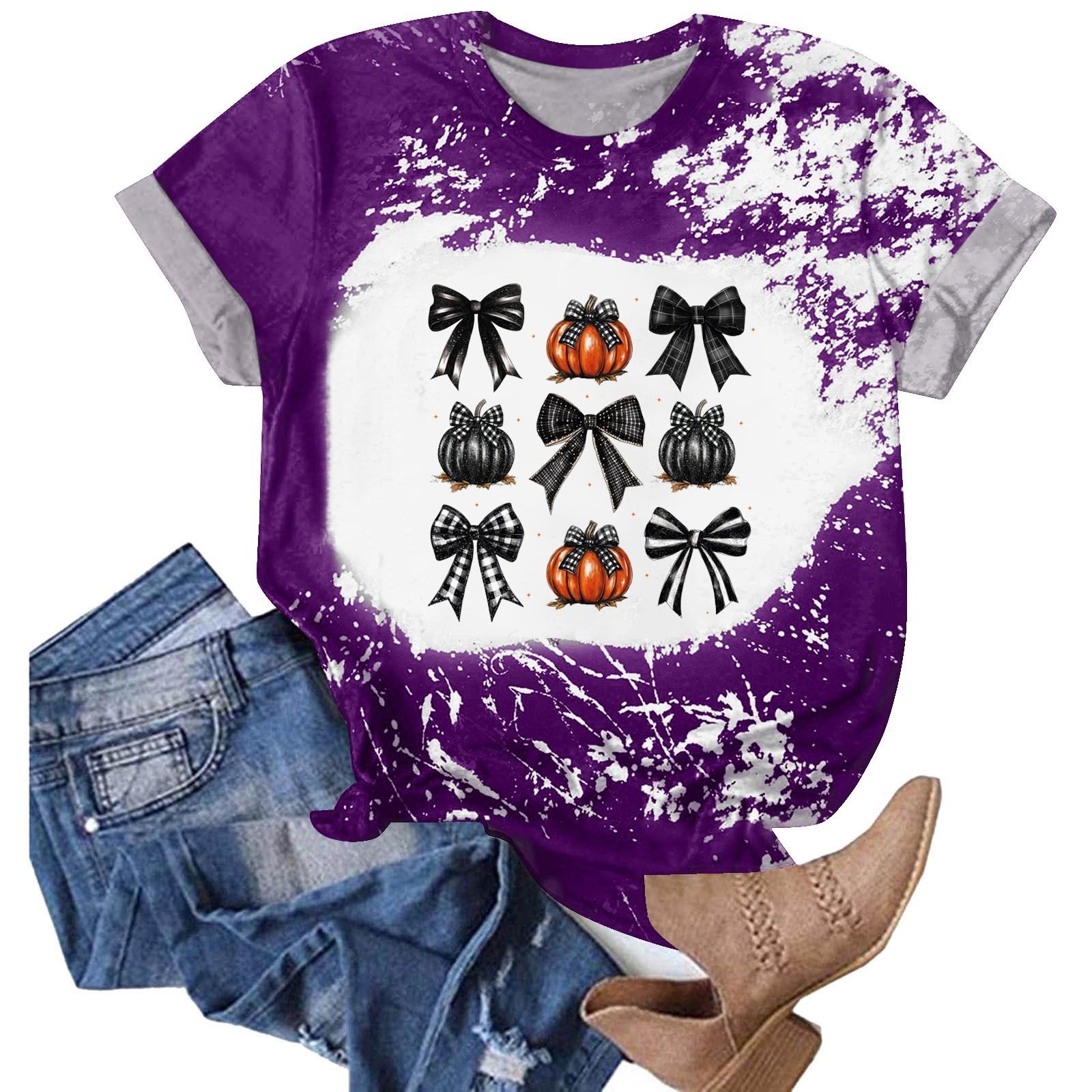 

Хэллоуинские футболки для женщин Милая футболка Осенняя футболка Градиентные графические футболки Повседневные топы с коротким рукавом M фиолетовый