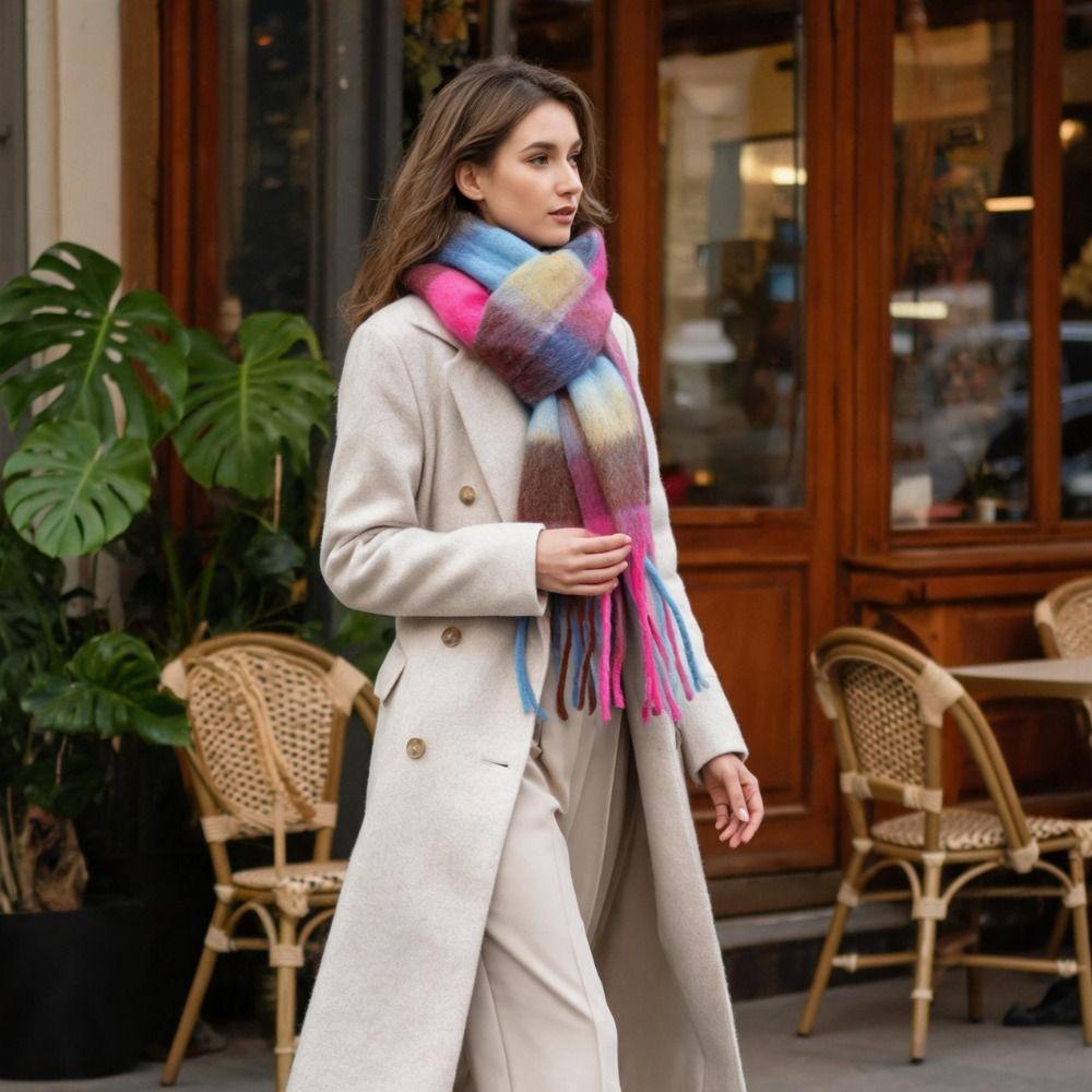Plush Rainbow Tassel Shawl Long Winter Cashmere Scarves Elegant Warm Wraps Girl