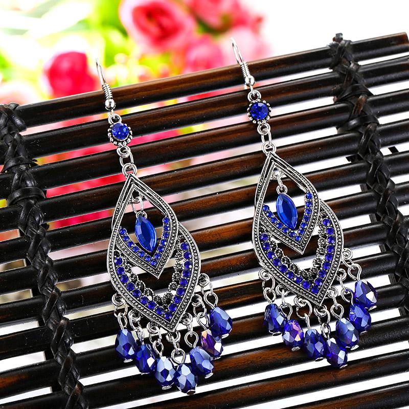 Vintage Chinese Style Crystal Bead Tassel Earrings for Women Long Elegant Hollow Rhinestone Dangle Silver Color Earring Jewelry