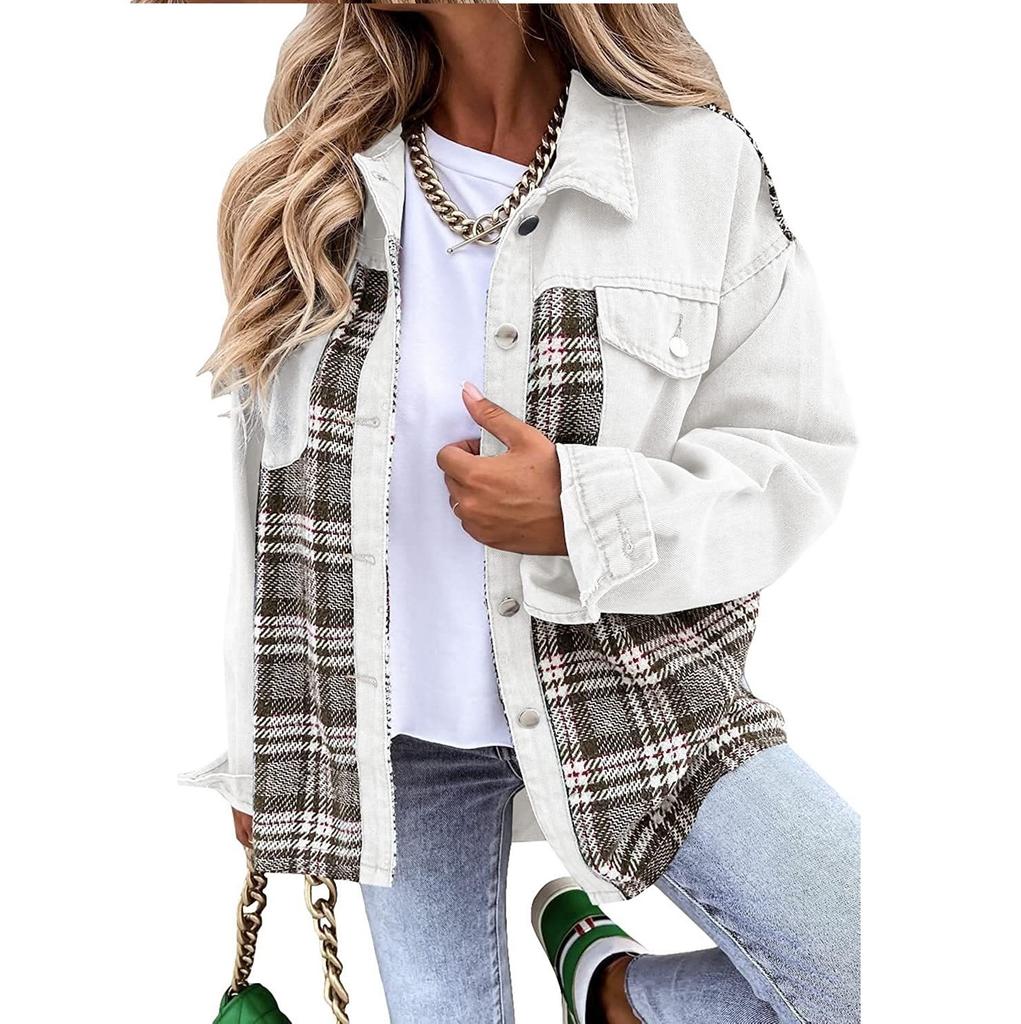Autumn and Winter Women's Jeans Jackets, Denim Jacket Long Sleeved Checkered Button Down Shirt Jacket Top and Valve Pocket