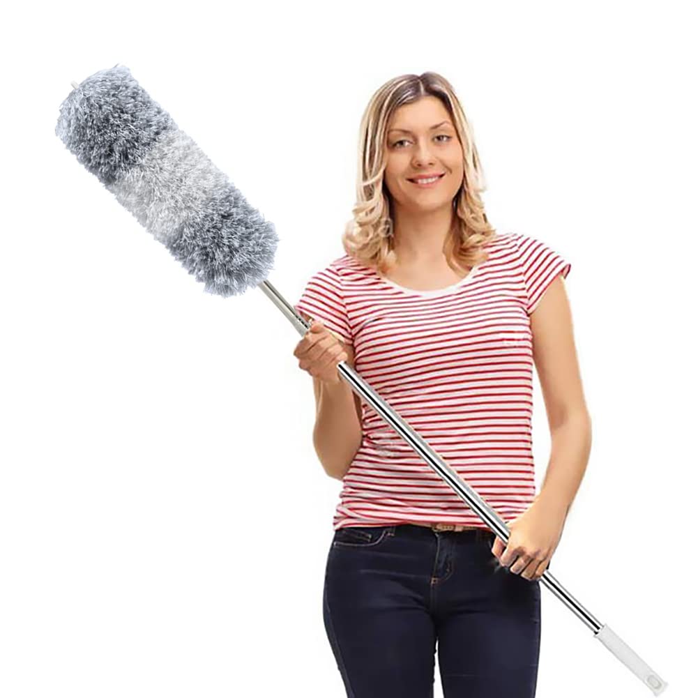 DELUX Microfiber Feather Duster Extendable Cobweb Duster with 100 Inches Extra Long Bendable Head Hat for Cleaning Ceiling High Furniture Cars Pole, &