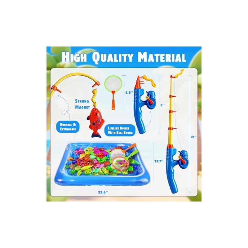 CozyBomBTM Magnetic Fishing Toy Game Set | Water Play - Bath - Pool - Includes Fishing Rod and Net | Floating Fish and Sea Creatures | Ages 3-8 Kids