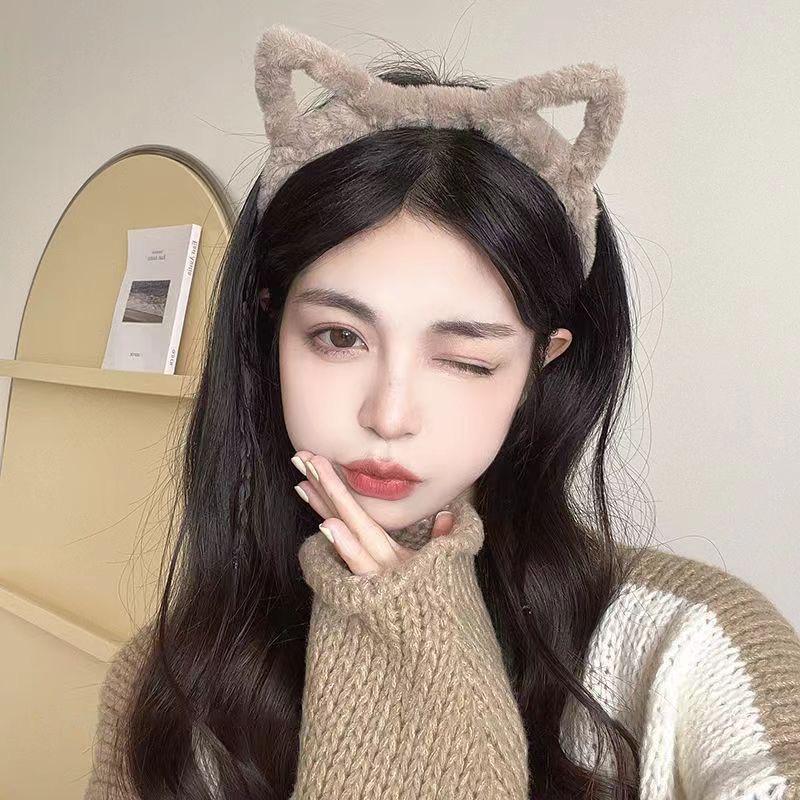 Cute Wide-Brimmed Plush Cat Ear Headband for Face Washing & Teeth Brushing - Includes Hair Tie & Clip