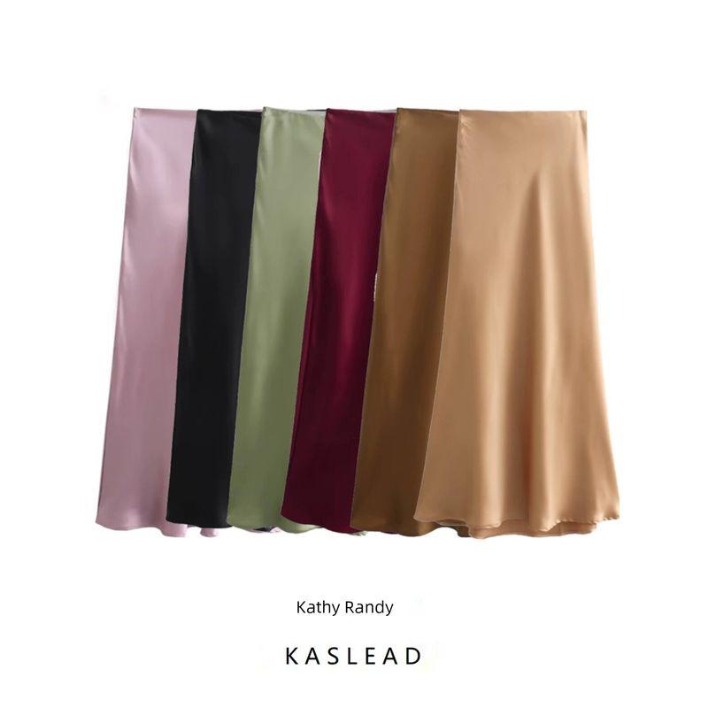 Kaslead New Arrival Women's Fashion Style Fashion Casual Easiest for Match Fine Acetate Satin Elastic Waist Zipper Skirt