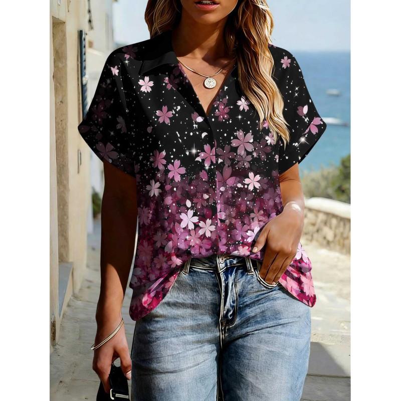Floral Print Womens Loose Fit Short Sleeve V-Neck Top - Sleeveless Button-Free Casual Shirt Street Style