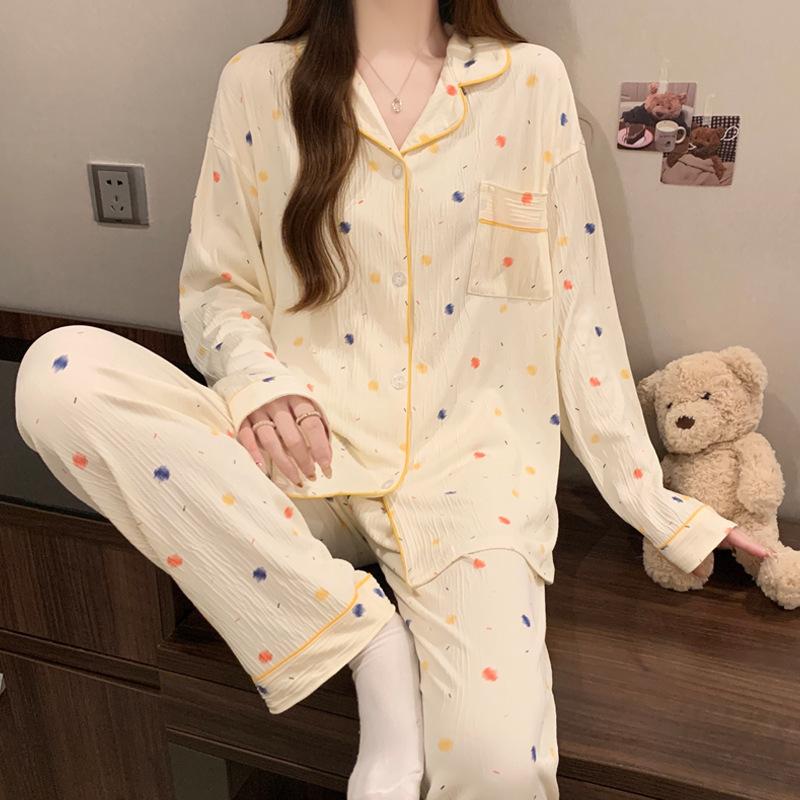 ins style girlish pajamas women's spring and autumn long-sleeved sweet bow full print casual loungewear set