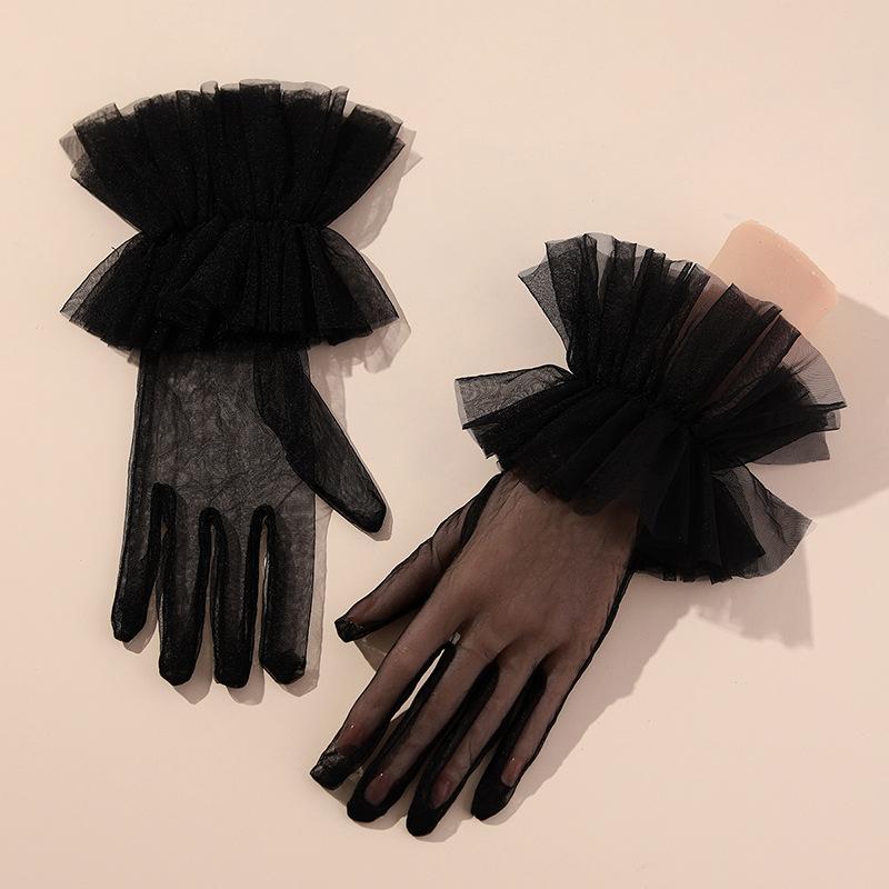 

Sexy Black Ruffle Bridal Gloves Puffy Wrist Tulle Transparent Mitten Wedding Costume Accessories Short Tea Party Gloves