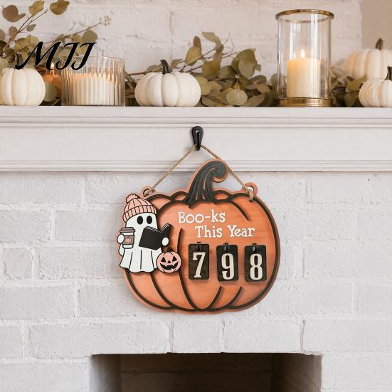 Fun Halloween Gift Ghost Pumpkin Reading Tracker Wooden Hanging Sign, Sliding Number Counter for Book Read This Year, Decoration Spooky Decor