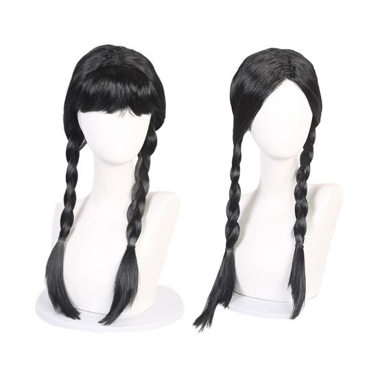 Women Black Double Braided Wig with Bangs Fluffy Natural Silky High Temperature Fiber Girls Long Dual Braids Synthetic Hair
