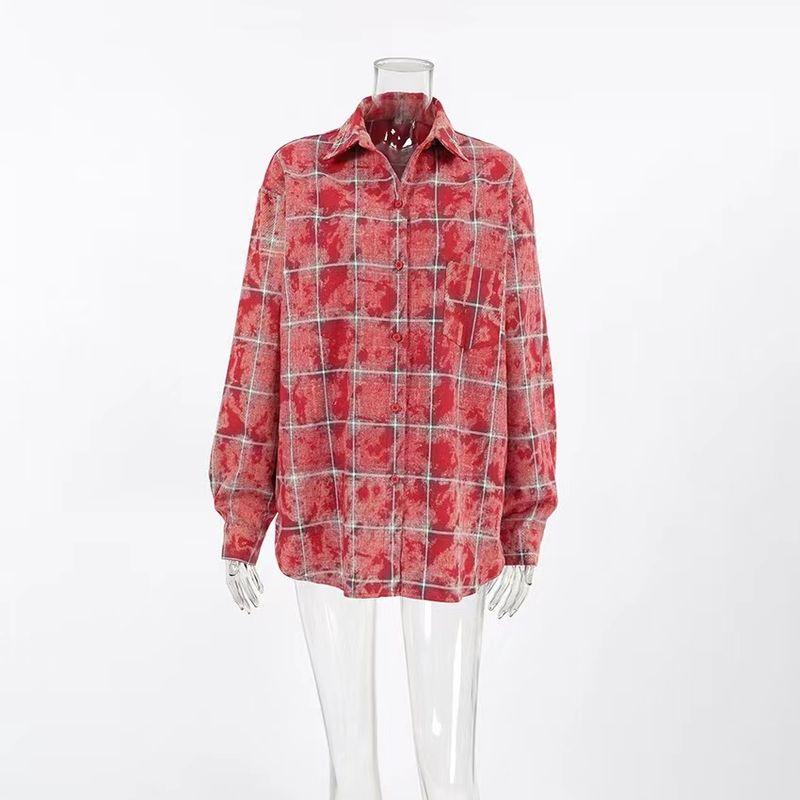 

Fashion Style Retro Red Gingham Shirt Distressed Cardigan Lapel Shirt Red Plaid Loose Shirt Red L