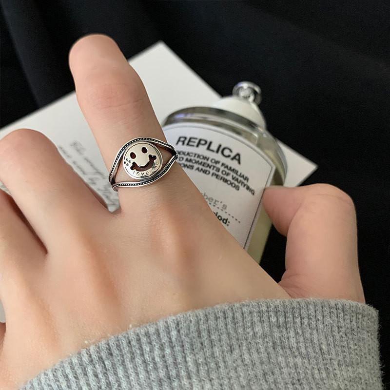 Trendy And Chic Smiley Face Ring In Retro Style 925 Silver Adjustable Jewelry For Women Girls And