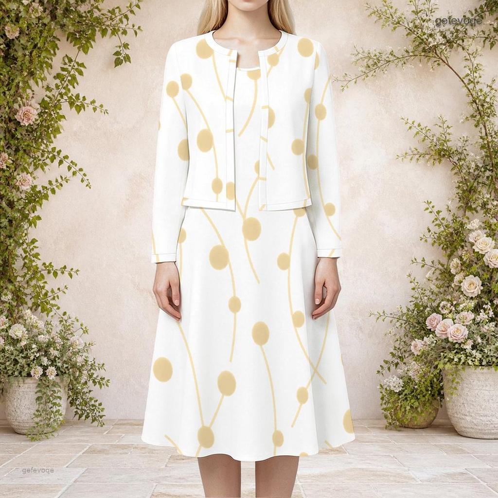 Women Plus Size Black Gold Printed Round Neck Long Sleeve Cropped Cardigan Two Piece Dress Set