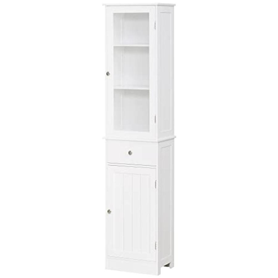 Slim Bathroom Storage Cabinet, Tall Bathroom Cabinet, Narrow Linen Tower with Acrylic Door, Drawer and Shelves, White