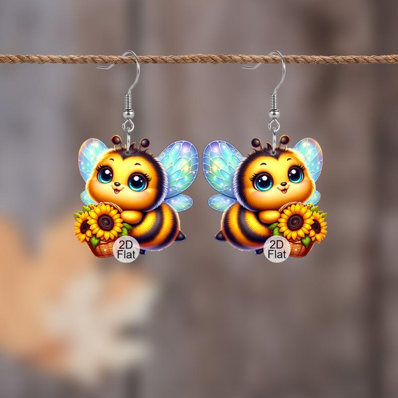2D Cartoon Blue Wings Bee Festival Pattern Ear Jewelry Dangle Earring Daily Outfits Party Accessories Perfect Gift for Family/ Friends
