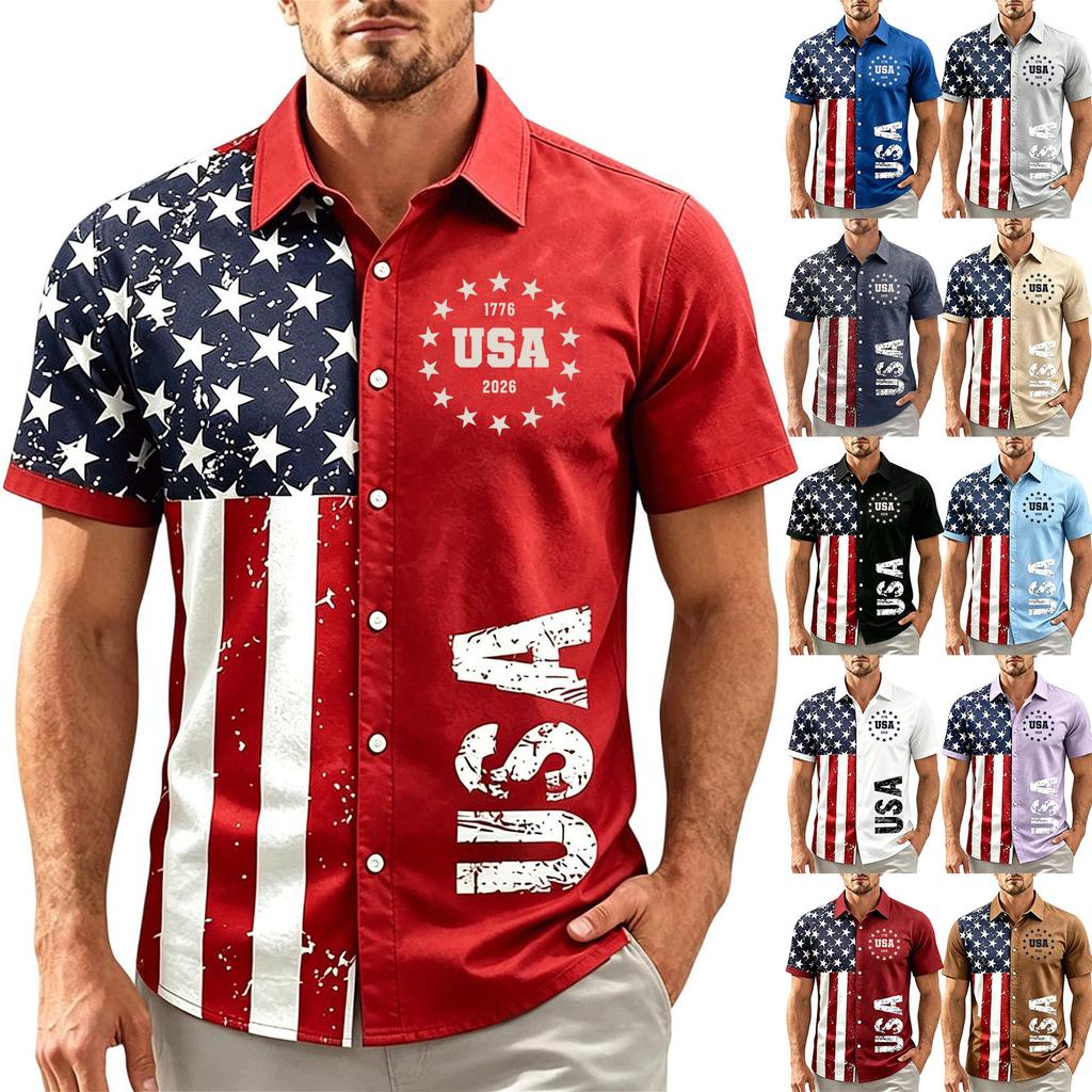 Men Short Sleeve Button Down Shirt with Lapel Collar Casual Fit USA Letter Print and Flag Pattern for Spring and Summer Season