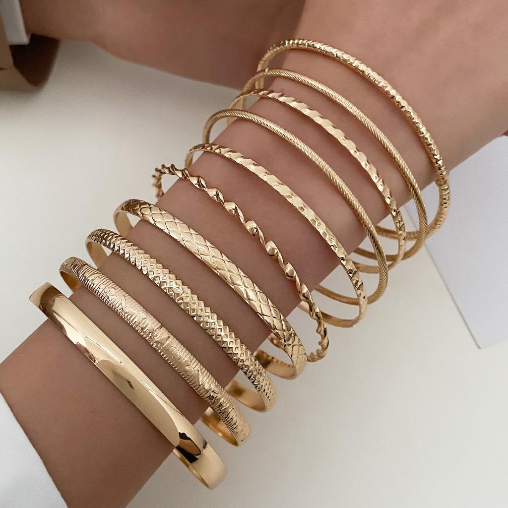 Gold Plated Multi-Layer Hammered Bangle Set, Thin Stackable Gold Bangles for Women