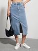 Puffanpop Women's High Waisted Stretchy Denim Midi Skirt - Light Wash Split Front Casual Summer Skirt for Women