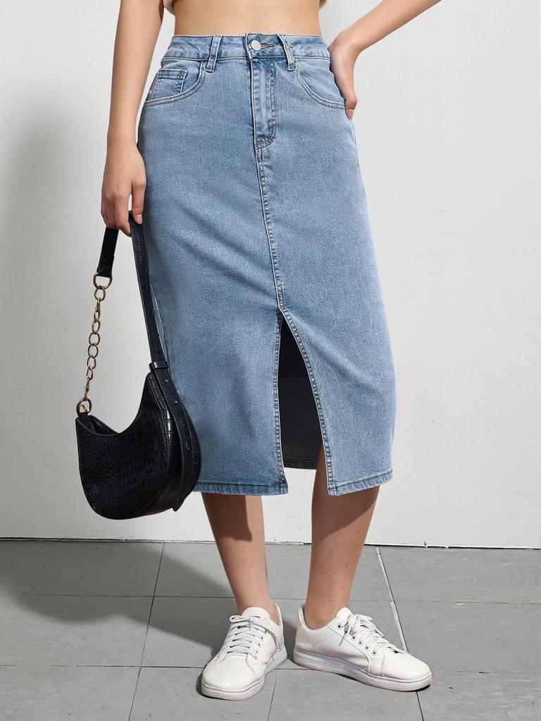 Puffanpop Women's High Waisted Stretchy Denim Midi Skirt - Light Wash Split Front Casual Summer Skirt for Women