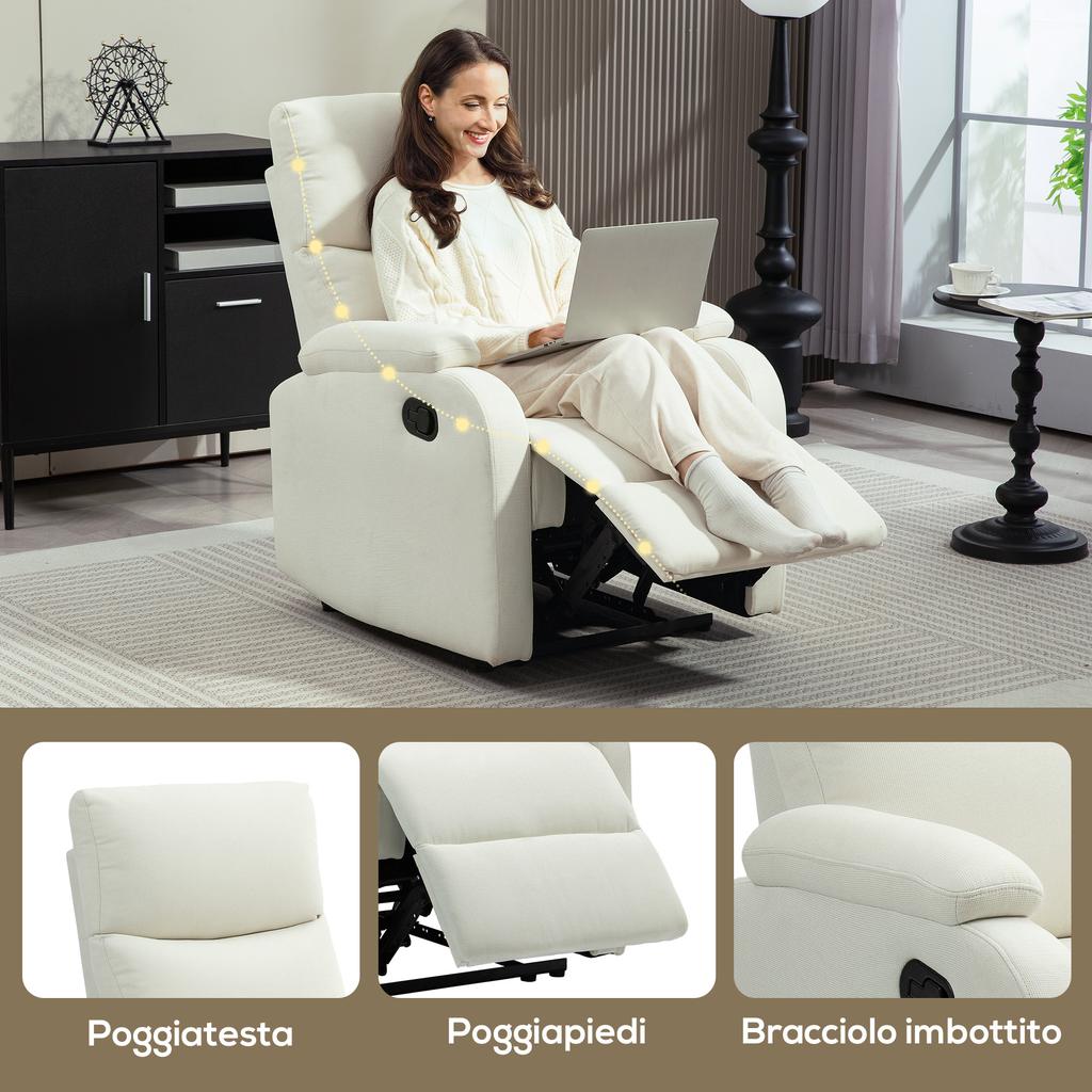Manually Reclining Armchair to 60 degrees Extra Padded in Fabric with Footrest, Cream