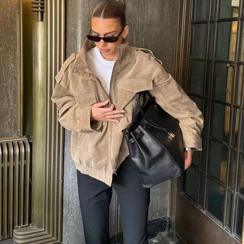 Za Autumn and Winter New Arrivals Women's Clothing Zr European and American Style Fashionable Pocket-Decorated Suede Texture Leather Jacket 4341770