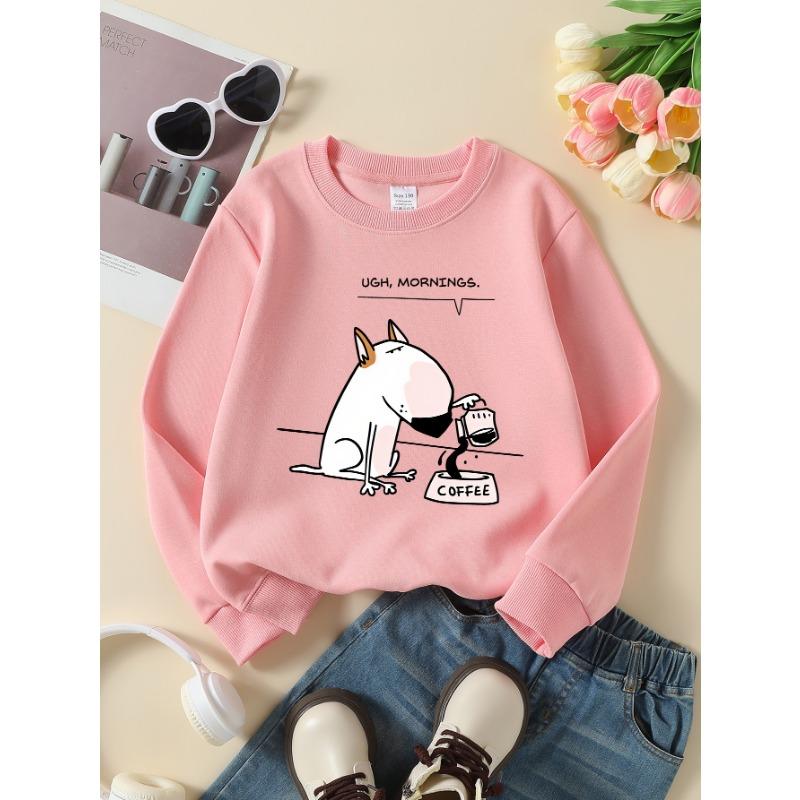 European sizes Girls' Long-Sleeve Round Neck Sweatshirt "Funny Dog Coffee" Print, Spring/Autumn, Casual, Daily & Sports.