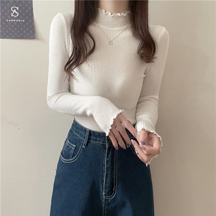 

Thickened Warm Sweater Women s Semi-high Neck Knitted Sweater Women s Autumn and Winter Slim Ruffled Pullover Long-sleeved Knitted Sweater Top S білий