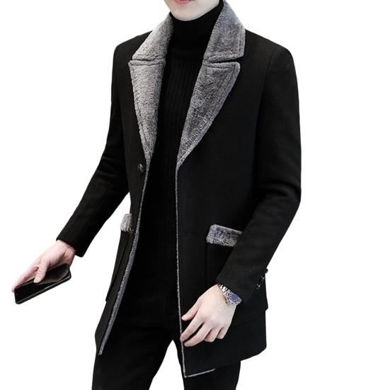 Men Business Jacket Medium Length Single-breasted Solid Color Plush Collar Autumn Winter Woolen Coat Windbreaker Streetwear