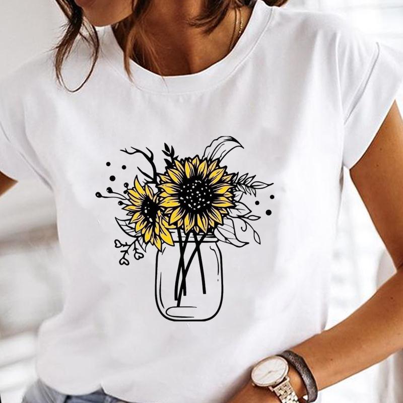 90s Cute Women Short Sleeve Flower Watercolor Trend Print Tee Top Summer Fashion T-shirt Clothing Casual Lady Female Graphic T-shirt