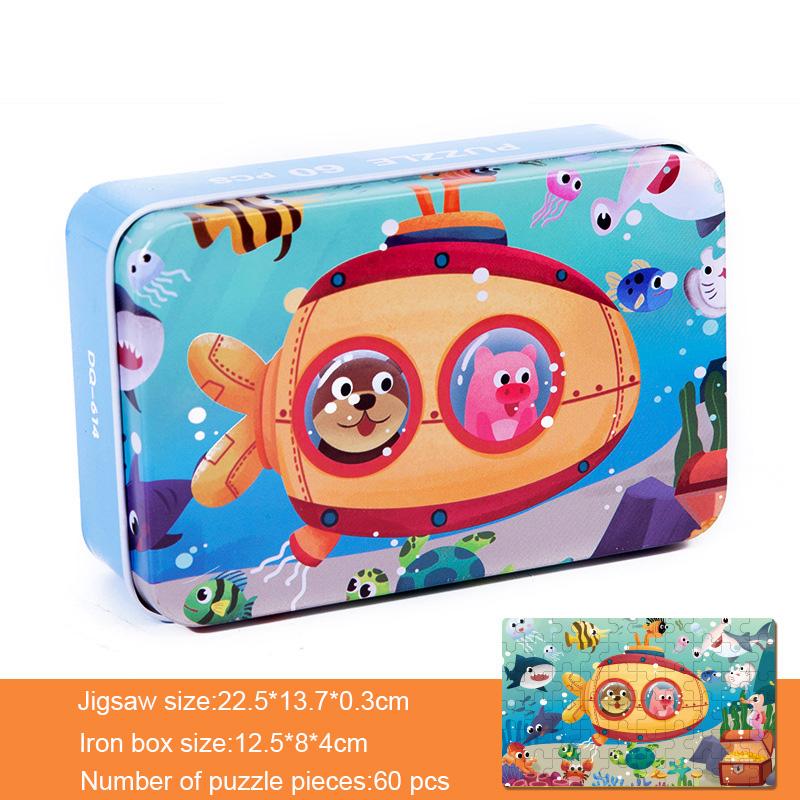 60 Pcs/Set Kids Wooden Puzzle Cartoon Animal Vehicle Dinosaur Pattern Jigsaw with Iron Box Baby Early Educational Toys Gift
