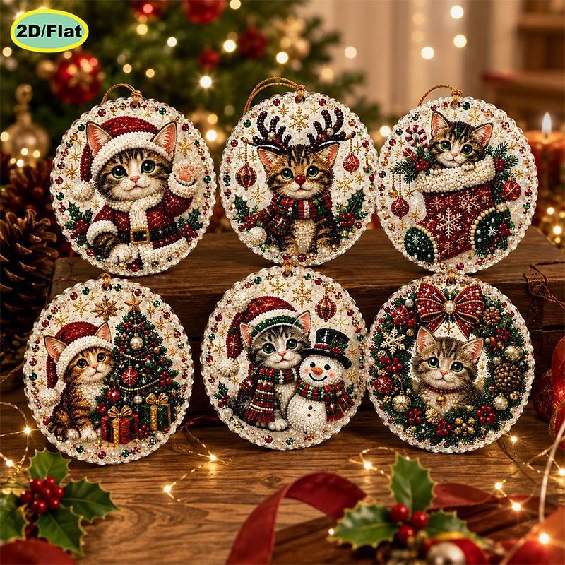 6pcs DIY Pearl Diamond Painting 2D Combination Set Animal Pattern Wooden Christmas Tree Pendant Holiday Party Artware Decoration