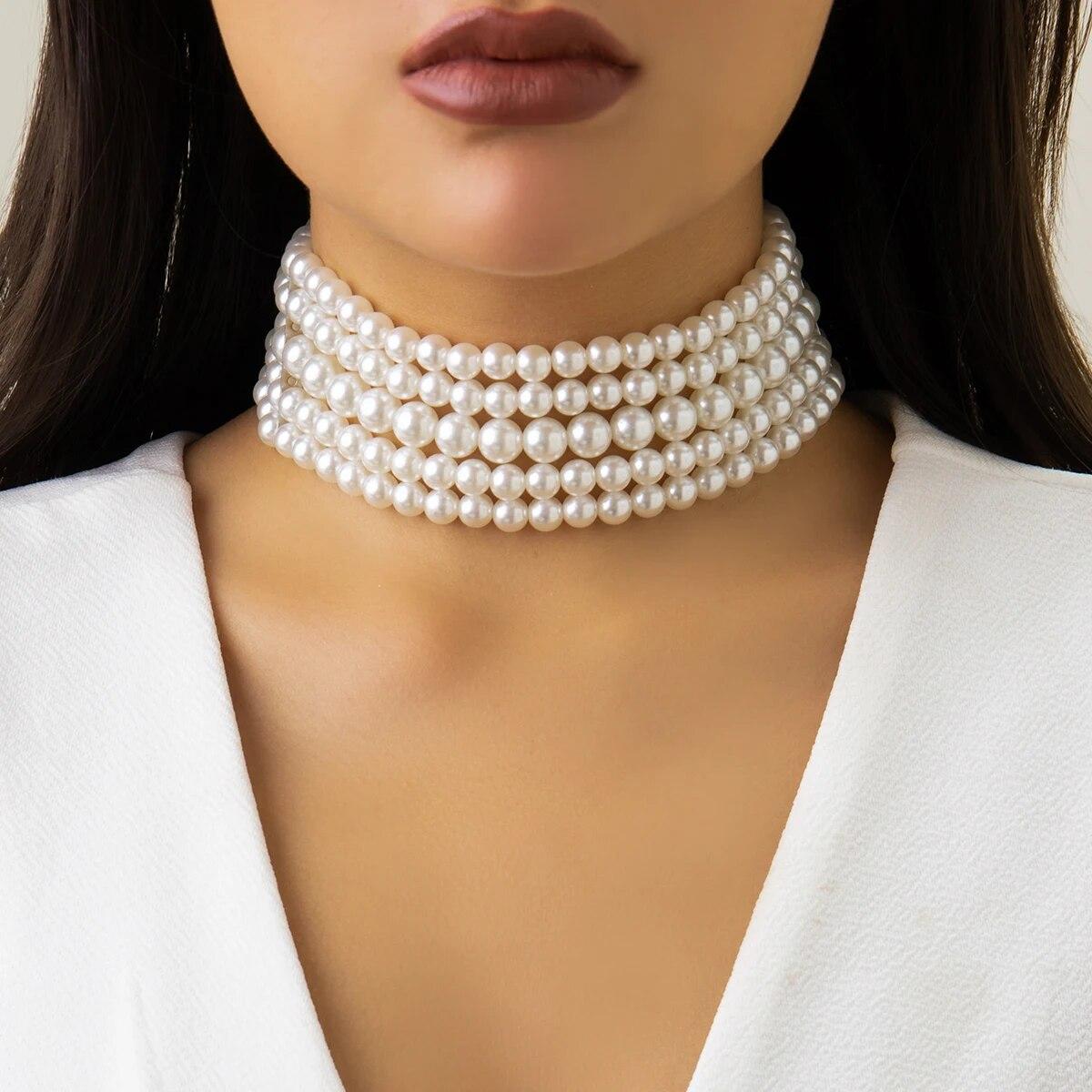 

Vintage Imitation Pearl Multi-Layer Necklace Oval Beasds Choker Elegant Collar for Women s Chain Jewelry Accessories Party Gift