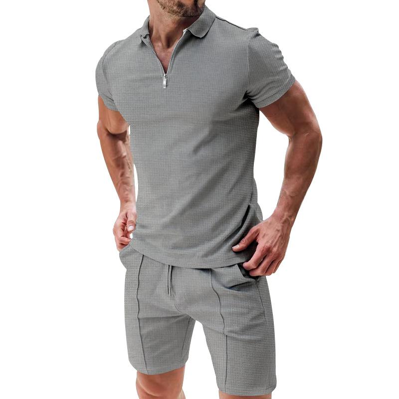 

All-match Solid Color Casual Loose Men s Summer Wear Lapel T-shirt Suit XXXL сірий