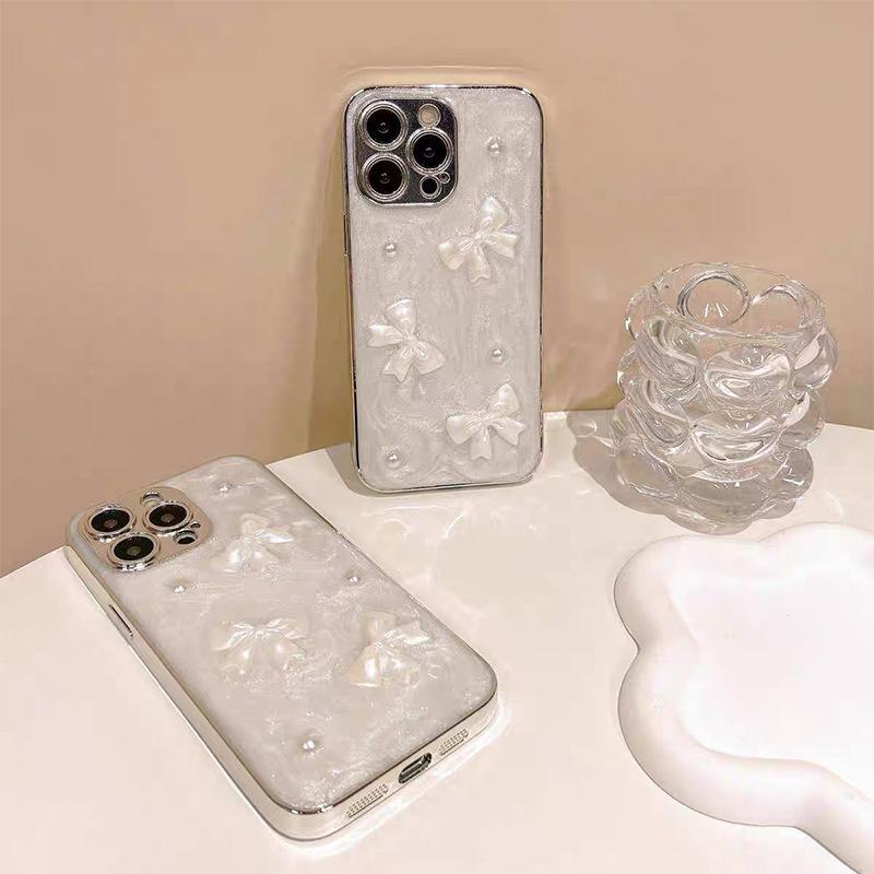 For IPhone 17 Promax Drop Glue Bow Pearl Phone Case for Apple 15 Plus Precision Hole 14 Anti Drop 16