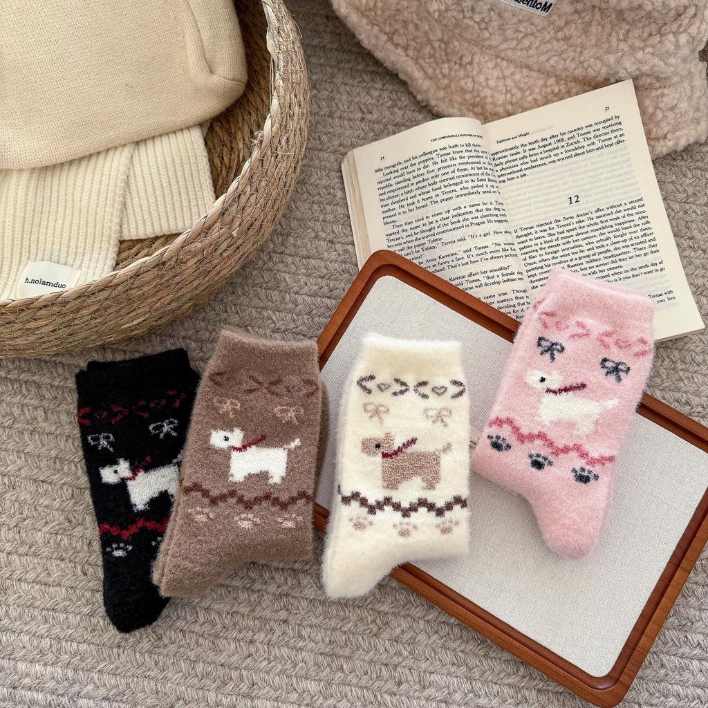 Vintage Australian Velvet Puppy Socks Color-Blocked Warm And Thick Stacked Socks Versatile Tube Socks