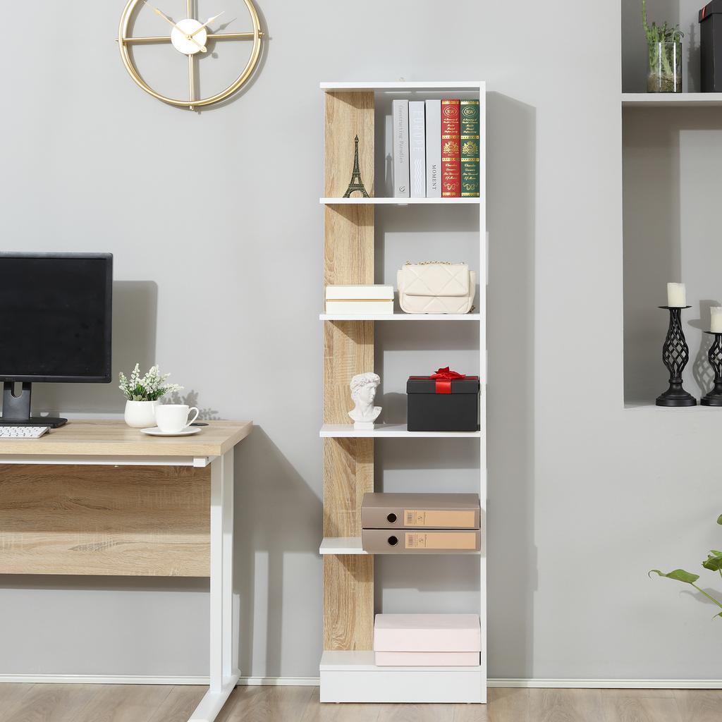 Estantería de Almacenamiento con 5 Compartimentos Abiertos Diseño Moderno Simple Ideal para Sala de Estar Dormitorio Oficina 45 x 21 x 170 cm Blanco y Roble