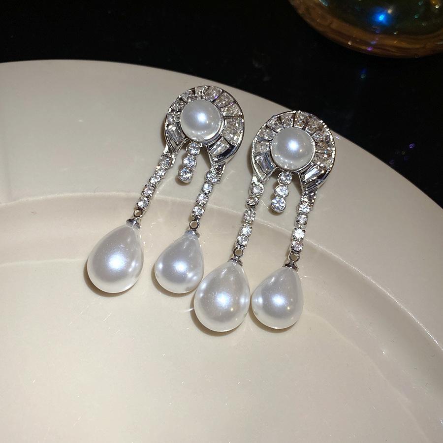 Silver Needle Diamond Geometric Pearl Water Drop Earrings Retro Elegant Court Style Stud Earrings Light Luxury Premium Earrings