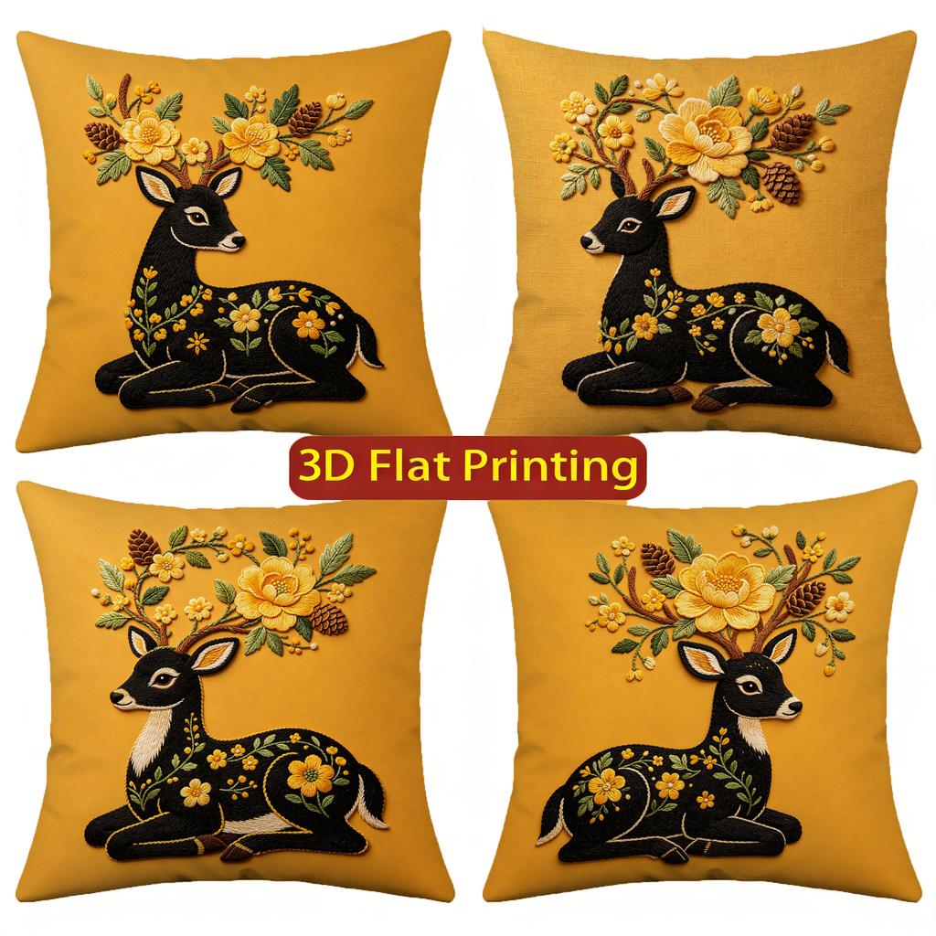 Embroidery Style Deer & Floral Throw Pillow Covers Pattern Cushion Cover Suitable For Sofa Bedroom Car Pillow Cover