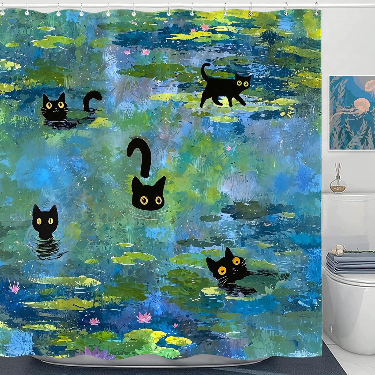 

Accnicfunny Japanese Cat Shower Curtain Fun Cool Cute Black Cat Dinosaur Monster Shower Curtains For Bathroom Anime Ocean Wave W60H190(CM)-1 Pcs