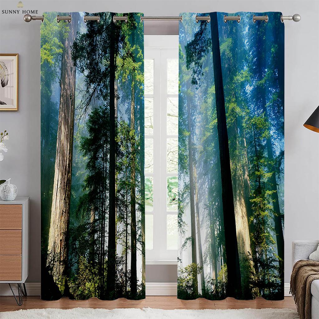 Green Forest Scenery 3d Printed Curtains Black Silk Blackout Heat Insulation Curtains Bedroom Study Living Room Curtains 2pcs