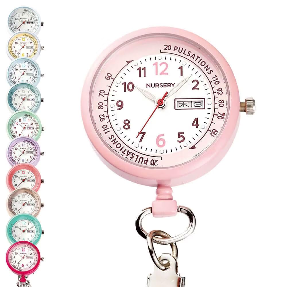 Nursery Watch with Date and Day Short Chain Inverted Pulse Luminous Pale Nurse Accessories Display, (NEW) - Dial, Meter, Pink, 1109268A,