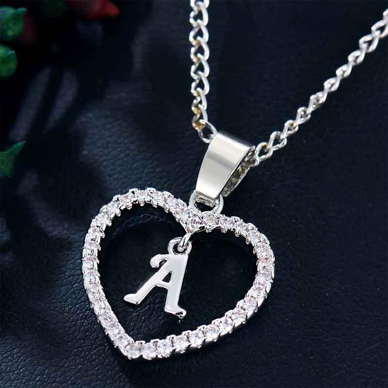 Heart Letters 26 Love Crystal Women Silver Plated Chain Jewelry Necklace