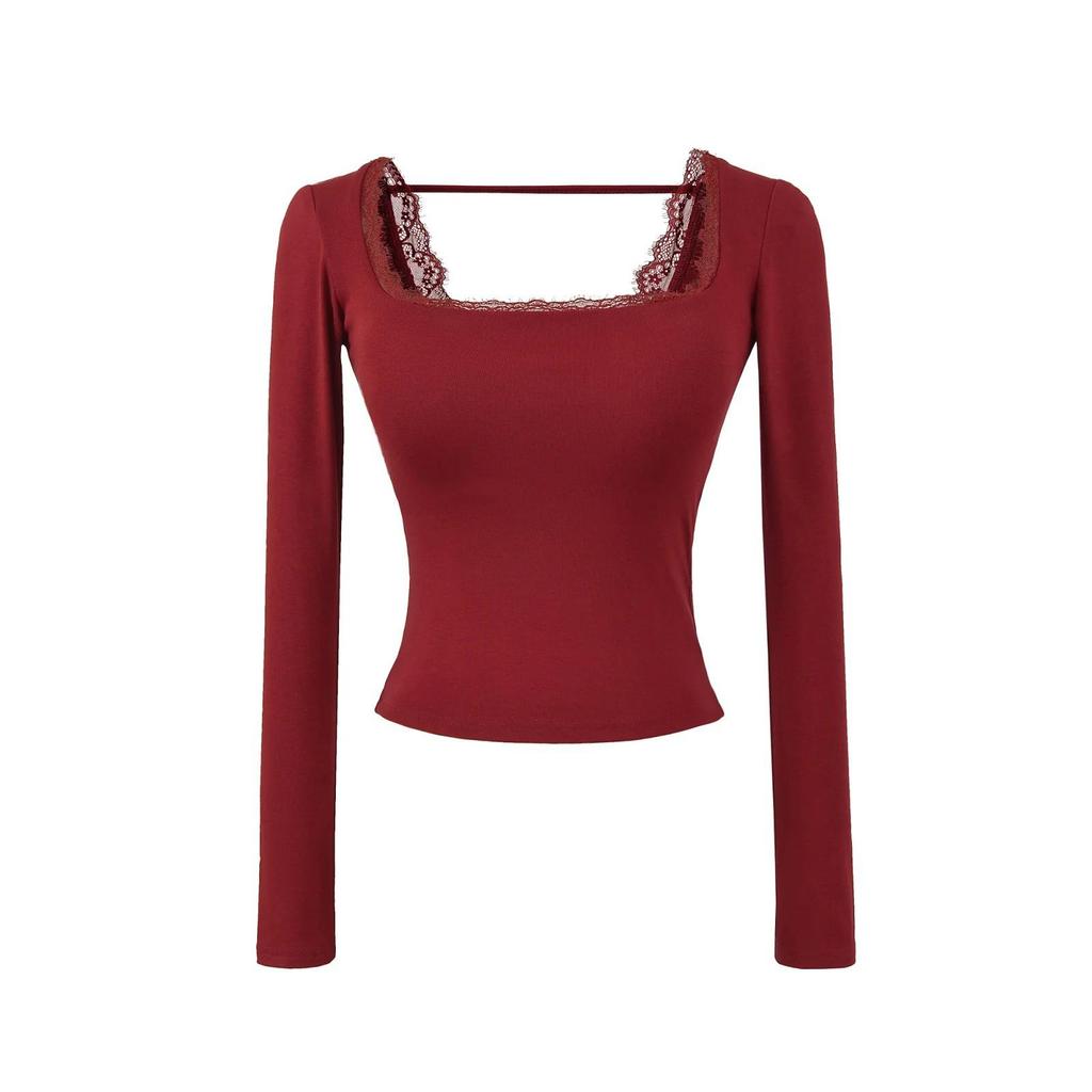 Women's Pure Desire Lace Trim Long Sleeve Slim Fit Top with Chest Pads - Ideal for Spring and Autumn