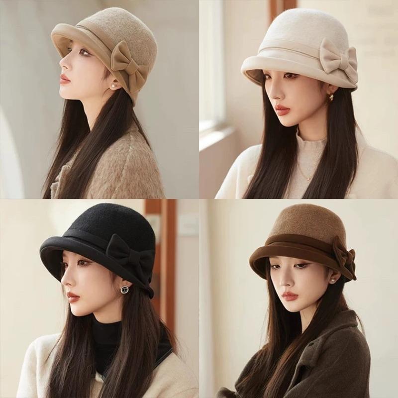 French Style Splicing Fisherman Hat Winter Warm Bow Decor Elegant Lady Hat